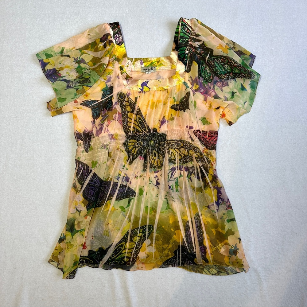 One World Sheer Butterfly Top Women's XL Yellow Flowy Boho Square Neck Stretchy